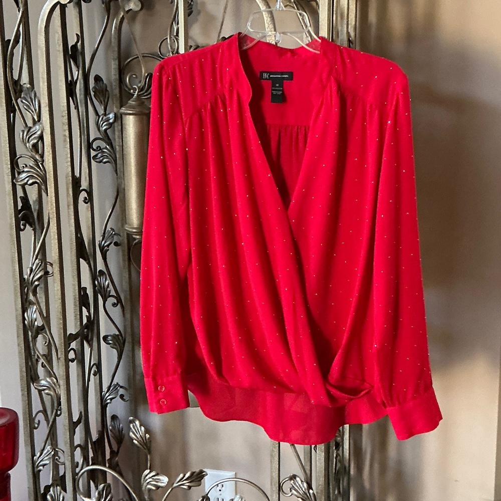 INC International Concepts Red Blouse with Dotted Design